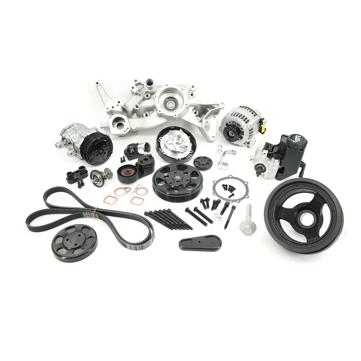 BTR LS 6-Rib Front Accessory Drive Bracketless System w/ PS, AC & Alternator and Dress-Up Kit - Satin