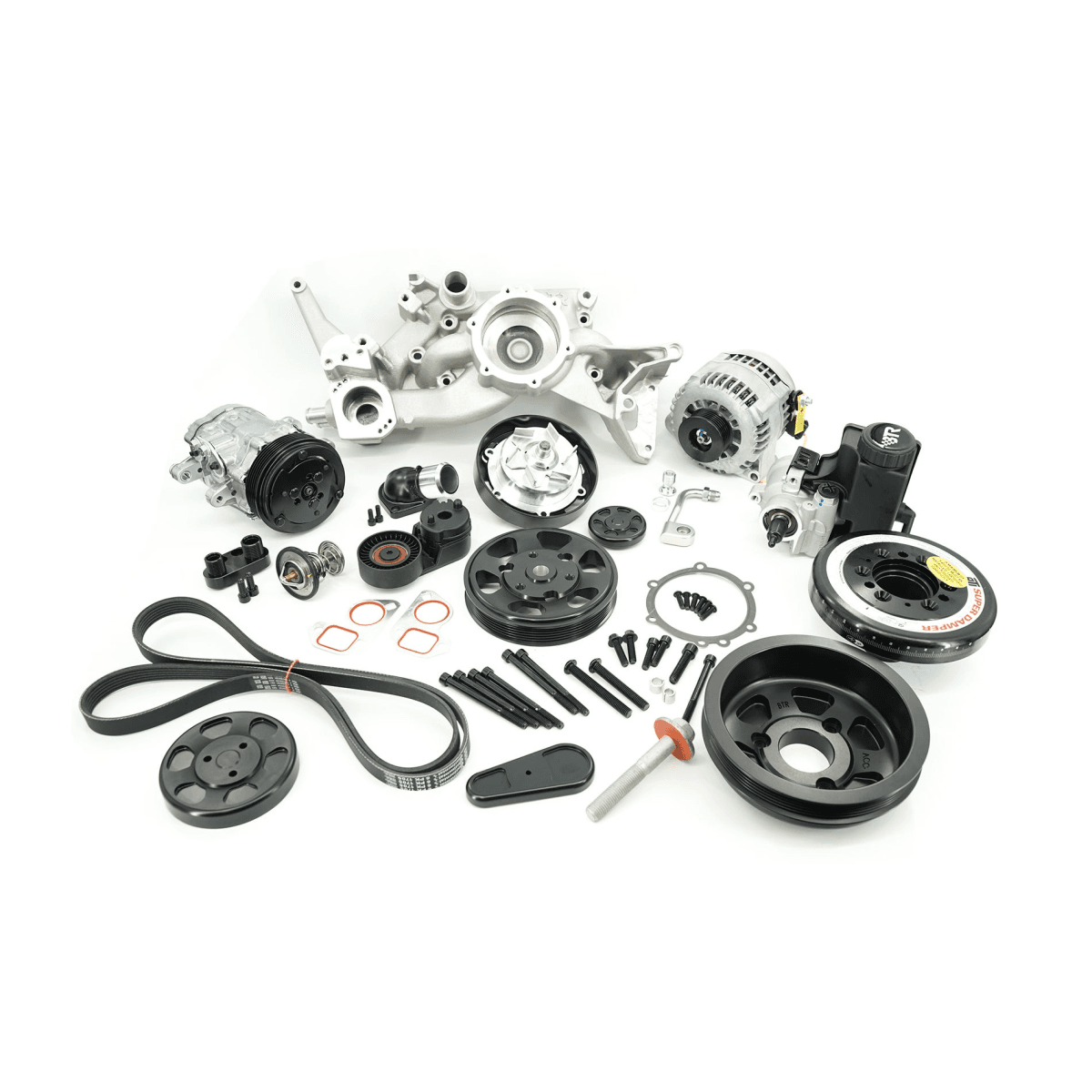 BTR LS 6-Rib Front Accessory Drive Bracketless System w/ PS, AC & Alternator, Dress-Up Kit and ATI Balancer - Satin