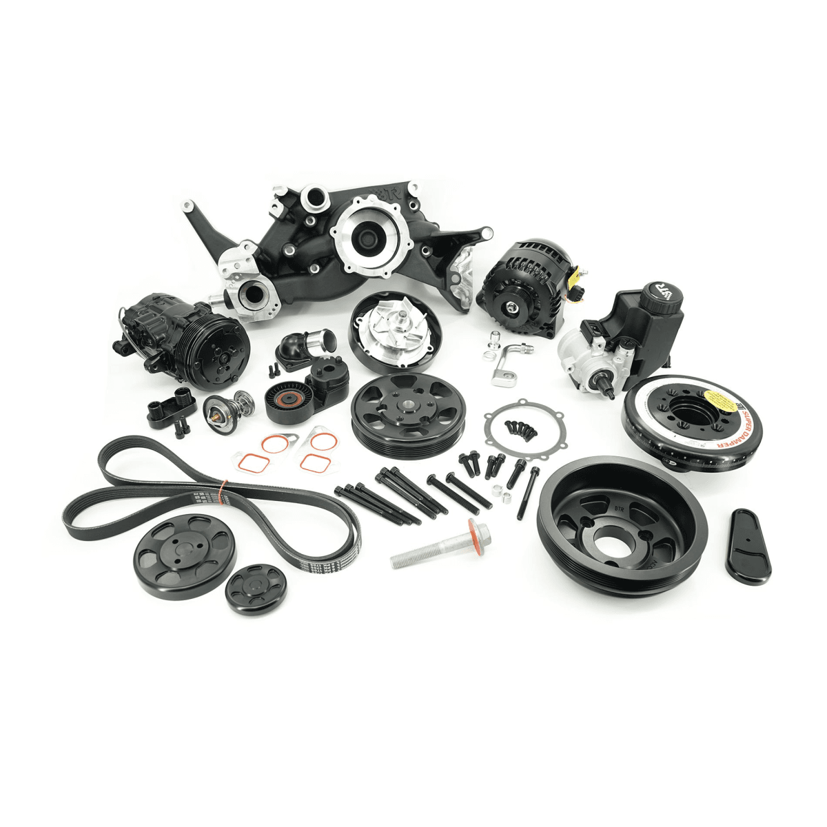 BTR LS 6-Rib Front Accessory Drive Bracketless System w/ PS, AC & Alternator, Dress-Up Kit and ATI Balancer - Black