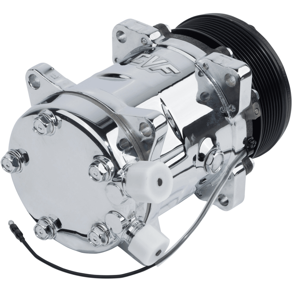 CVF R134A Sanden Style AC Compressor w/ 8-Rib Clutch Pulley - Chrome Plated thumbnail 2