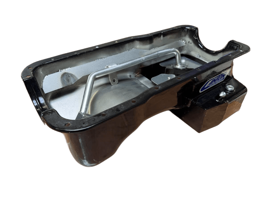 [GARAGE SALE] Canton 289-302 Canton 7 Quart T-style Rear Sump Oil Pan w/ Scraper, SC Return Bung & Oil Pickup - Black Powdercoated