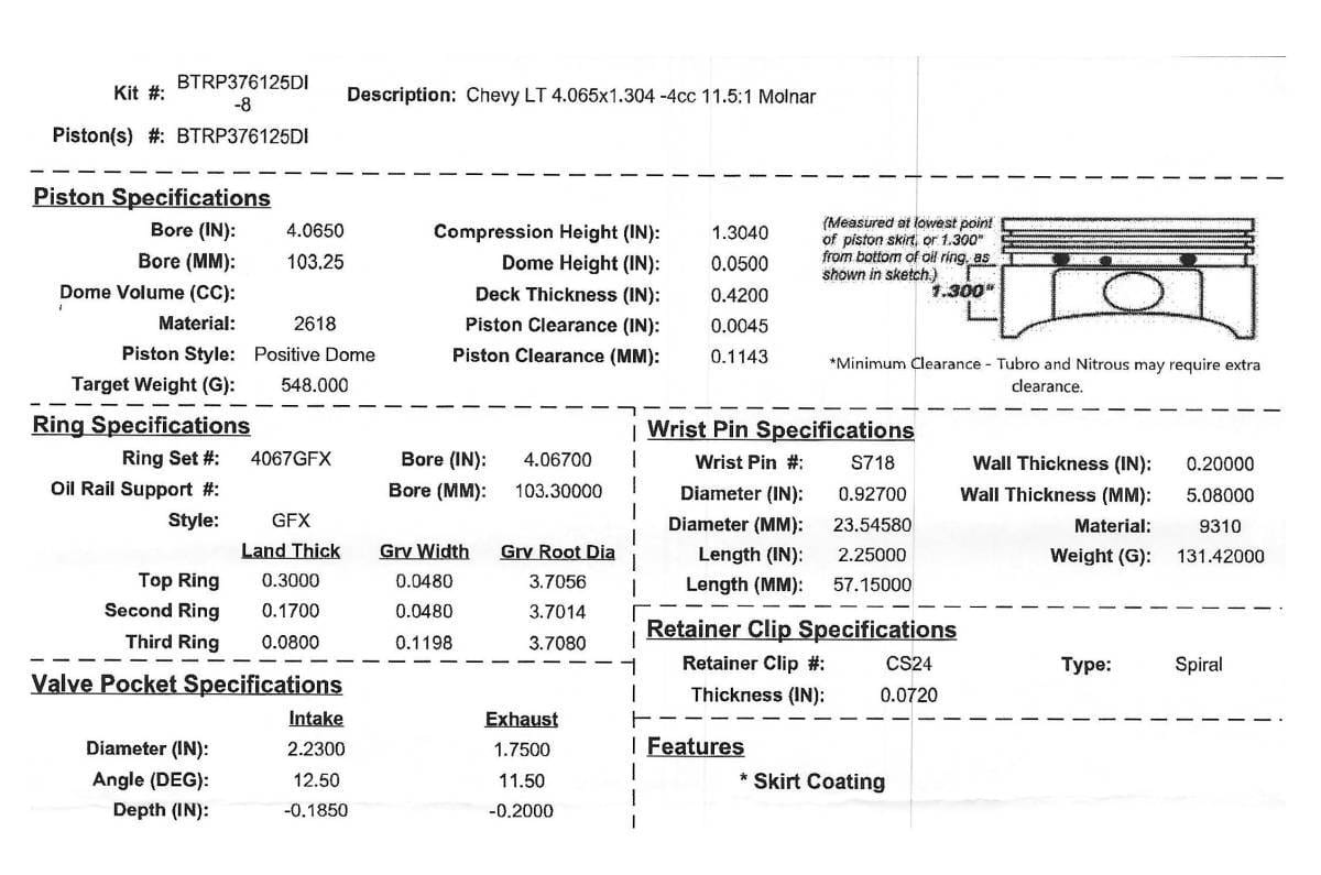 BTR Gen V LT LT1/L86/L87 6.2L Drop-In Piston & Rod Kit - 4.065" BORE • 3.622" STROKE thumbnail 2