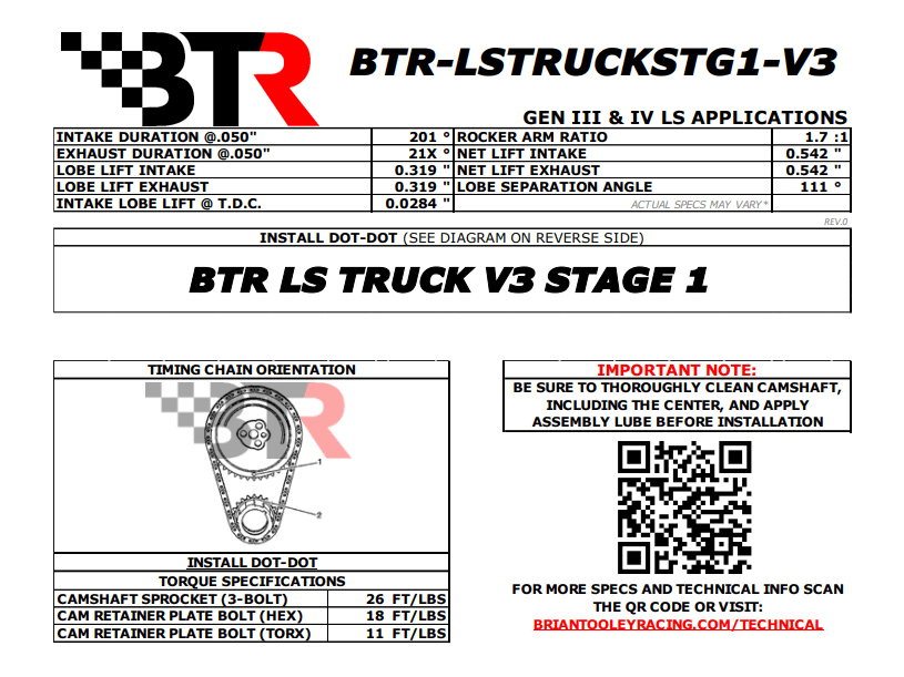 BTR Stage 1 Naturally Aspirated v3 Camshaft For LS Truck Engines - 41+ HP Gain thumbnail 3