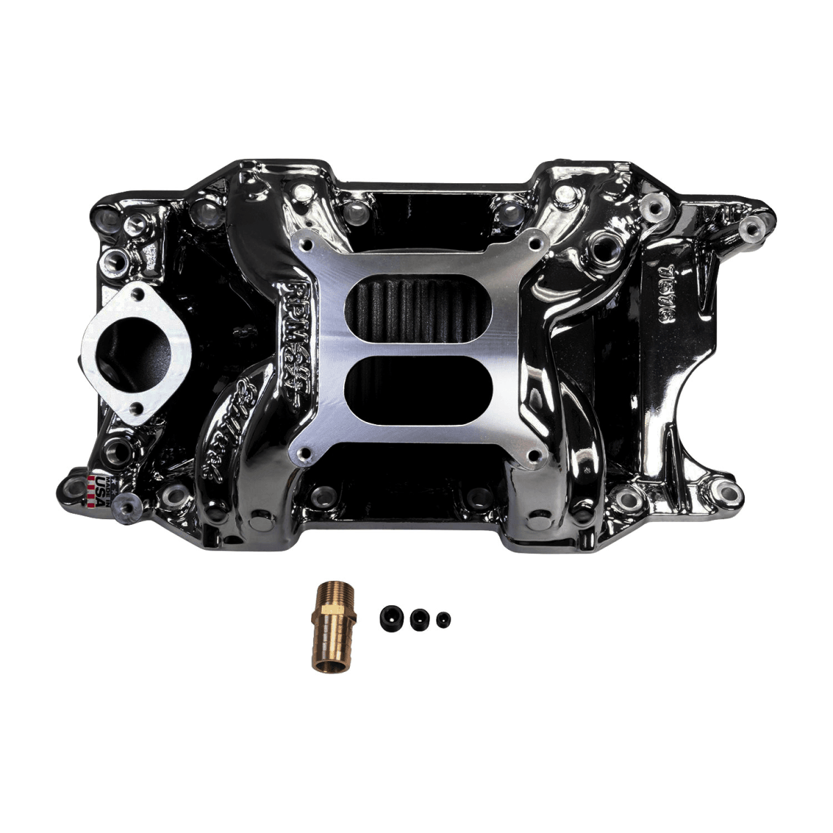 Edelbrock Performer RPM Air-Gap Dual Plane Non-EGR Black Plasma Intake Manifold for SBM LA Block 318/340/360 - Square Bore thumbnail 2