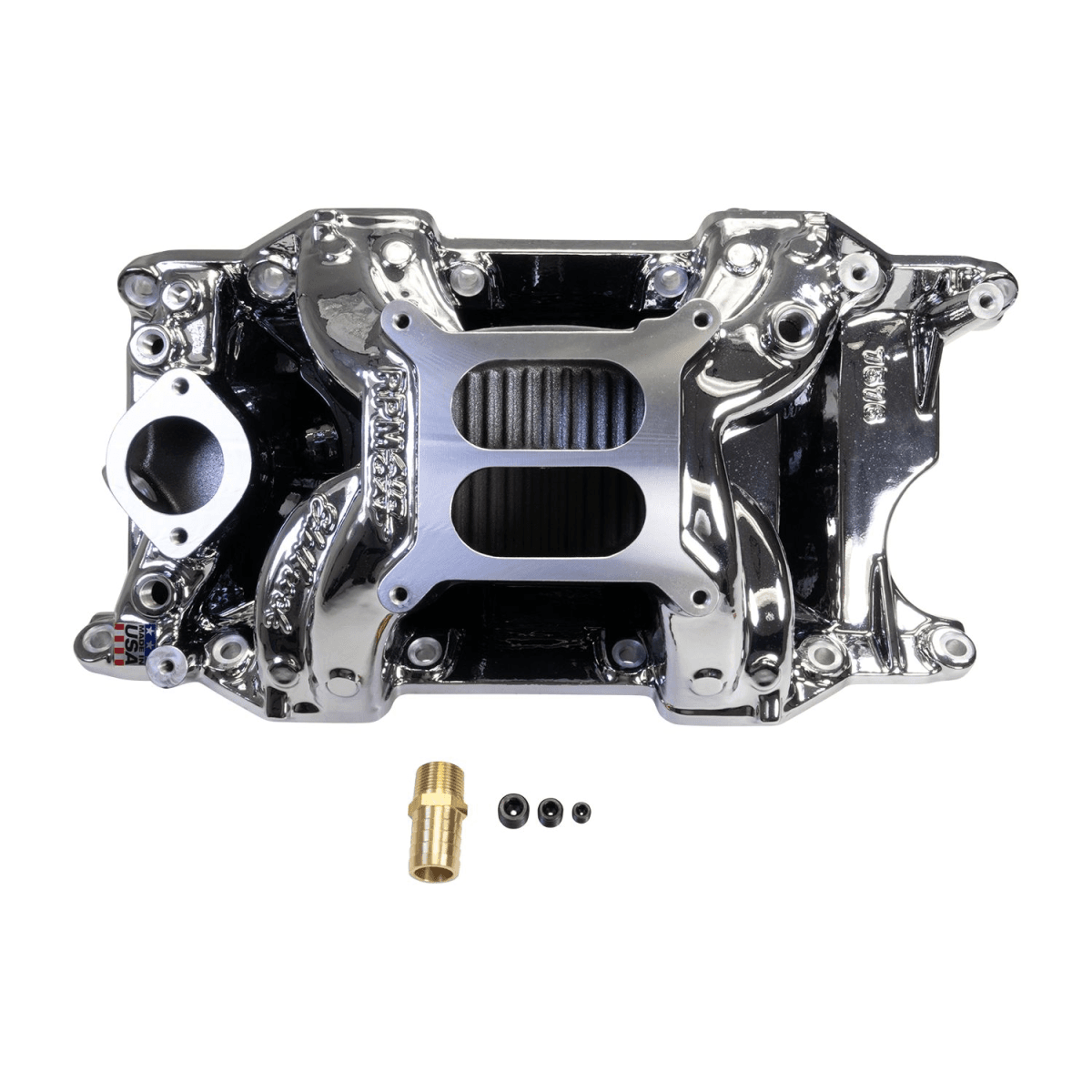 Edelbrock Performer RPM Air-Gap Dual Plane Non-EGR Chrome Plasma Intake Manifold for SBM LA Block 318/340/360 - Square Bore thumbnail 2