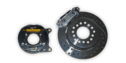Aerospace 4 Piston Pro-Street Rear Black Coated Disc Brakes For Chevy Small GM 10/12 Bolt Housing Ends (5 Lug) W/ Drum Style Parking Brake - 1/2" Studs